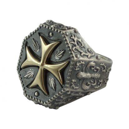 Knight Templar Maltese Cross ring Fleur De Lis Silver and 10K Gold 20 ...