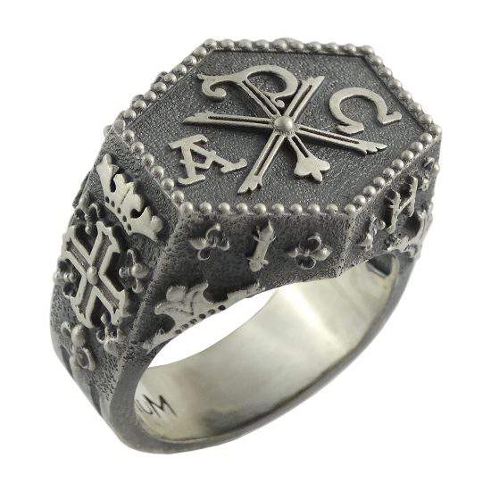 Knight Templar Chi Rho Silver Alfa Omega Men Ring Cross of Constantine ...