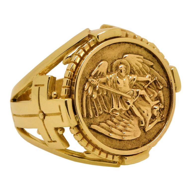 Saint Michael the Archangel Solid Gold 10K mens Ring Handcrafted