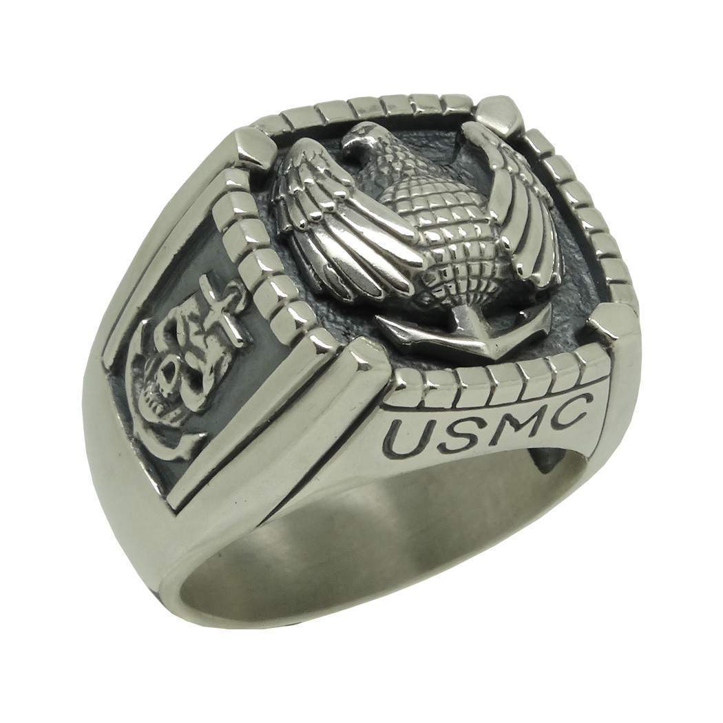 Rationeel levend Profetie Sterling Silver 925 US Marine Corps Eagle, Globe, and Anchor Soldier  Military Skull Biker Veteran Mens Ring | Secretium