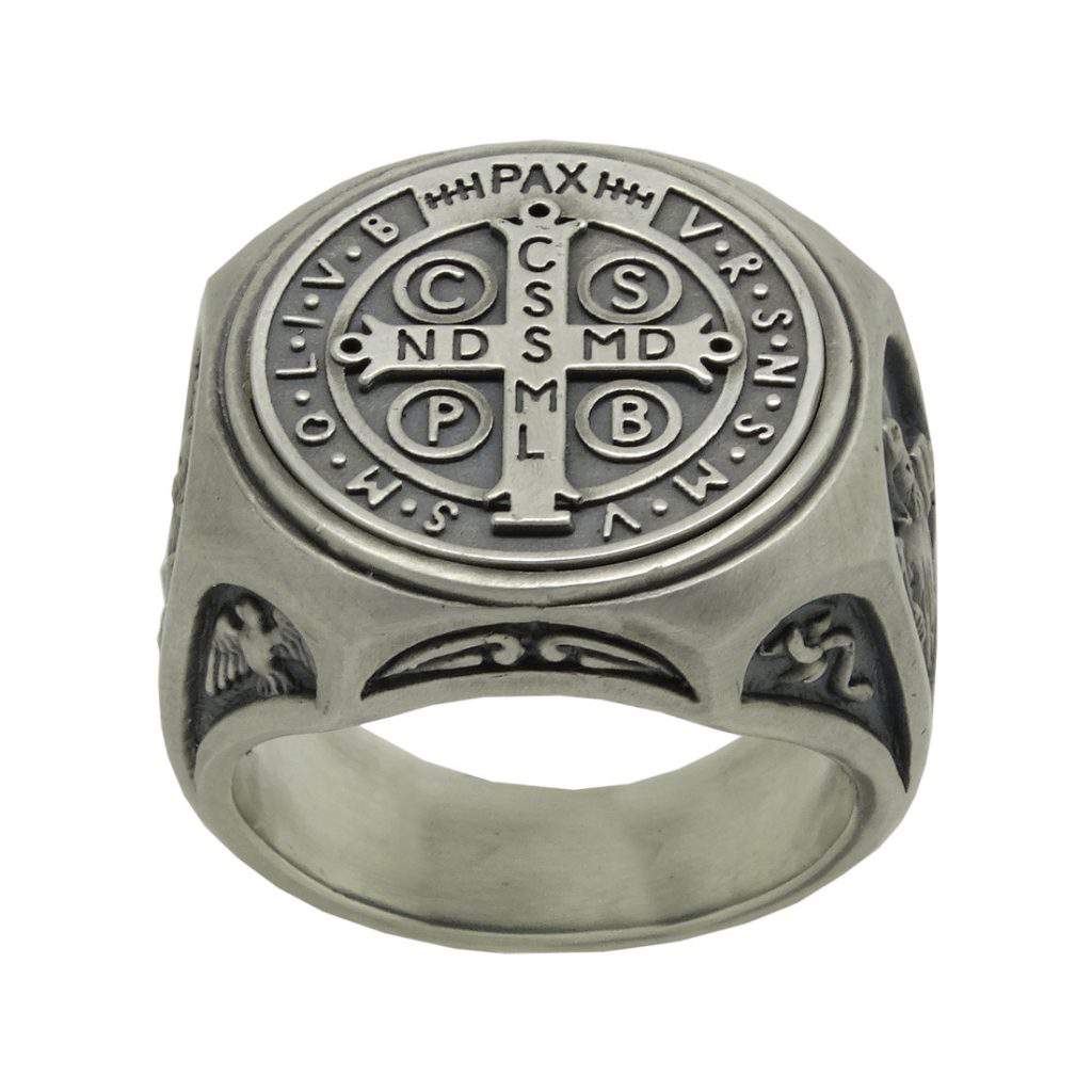 Christian Roman Catholic "Saint Benedict" Mens Ring Secretium