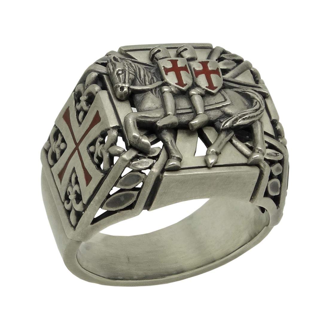 Knight Templar ring in solid 925 sterling silver gold plated seal anello sigillo dei Templari in argento 925
