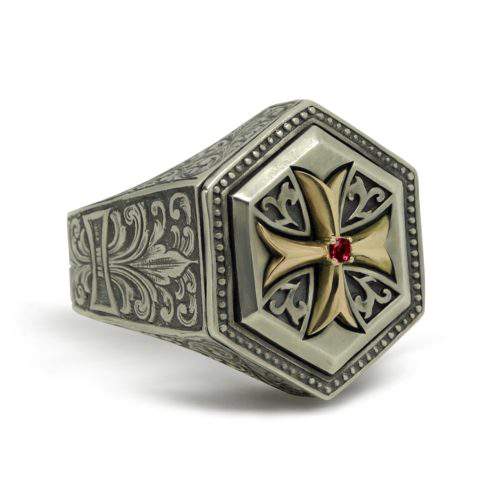 Hand Engraved Ruby 10K Gold and Sterling Silver 925 Maltese Cross ...