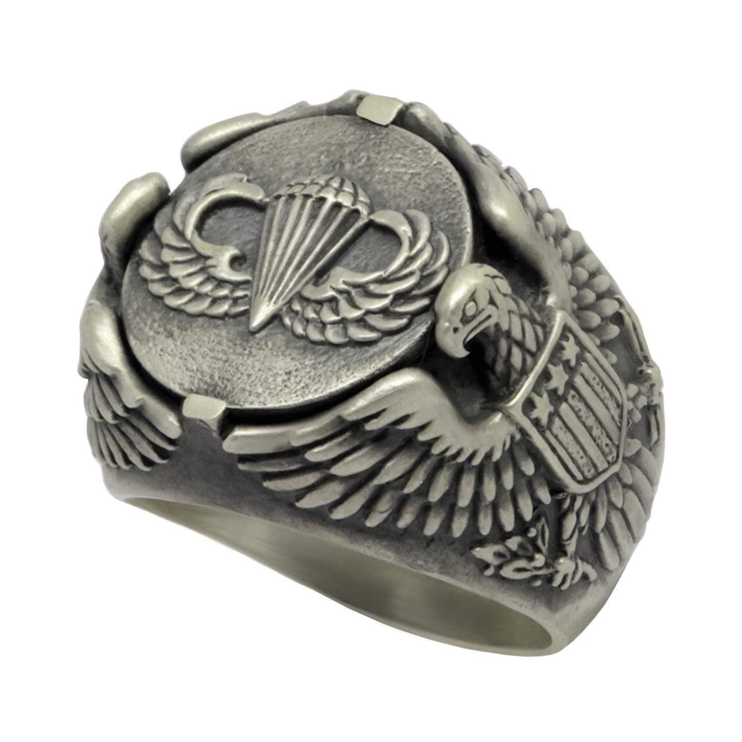 thumbnail image 2 of Green Beret Soldier Skull Wings Biker Ring - Silver, Size 00 - Military Style Jewelry 2 of 6