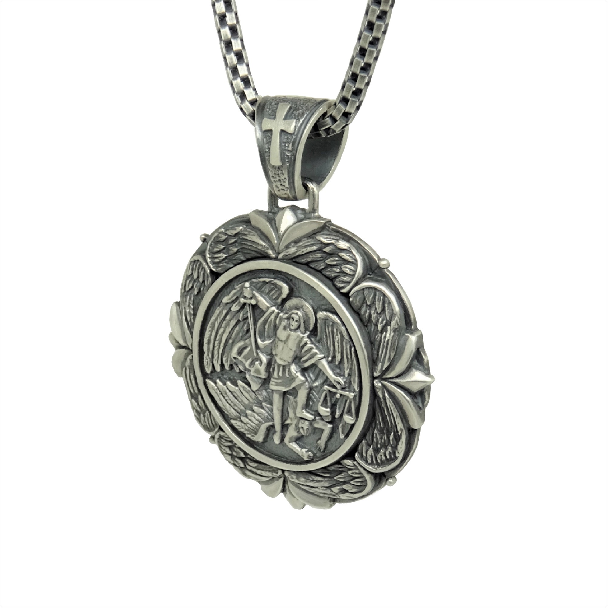 HANDCRAFTED SOLID STERLING SILVER 925 CUSTOM MADE CHRISTIAN ROMAN CATHOLIC  “SAINT MICHAEL THE ARCHANGEL” RELIGIOUS PENDANT MEDAL