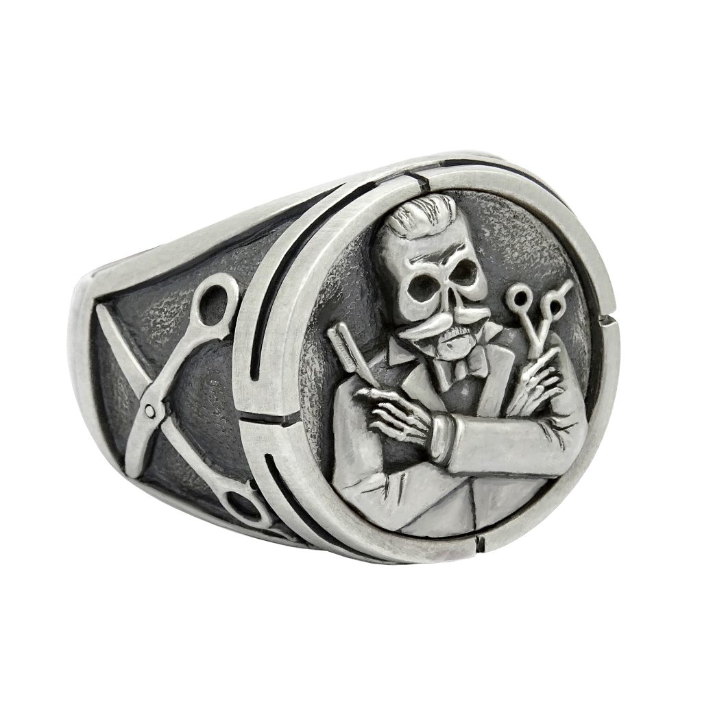 STERLING SILVER .925 BARBER SKULL MEN’S RING RAZOR and SCISSORS -  HANDCRAFTED